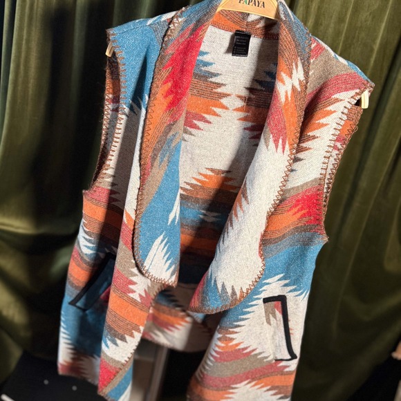 Jackets & Blazers - Southwestern Aztec Print Waterfall Vest Boho Western Teal Rust One Size
